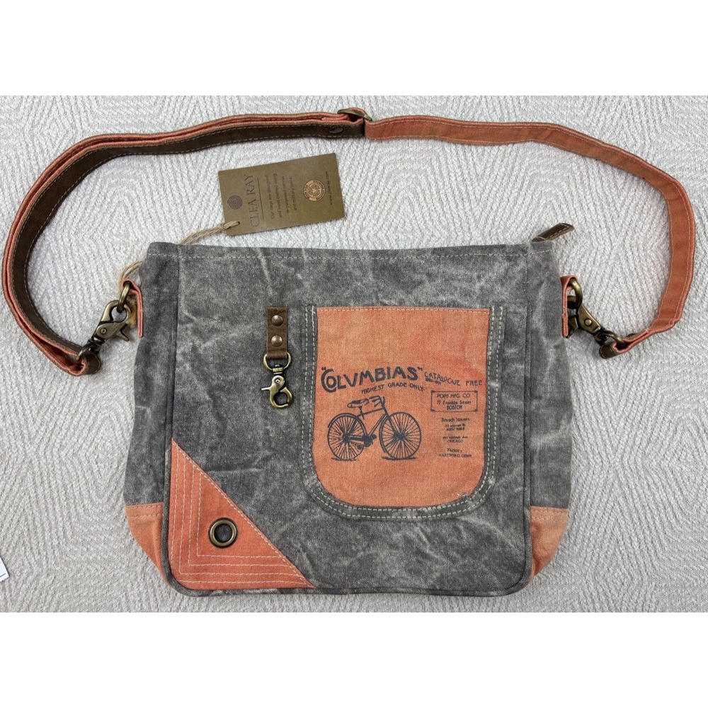 Clea Ray Crossbody Bag Medium Gray Orange‎ New Waxed Canvas Bicycle Graphic